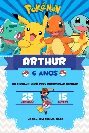 Convite de Aniversário Pokémon com Personagens para Editar Online