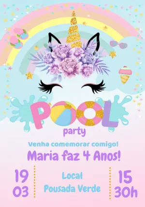 Convite Aniversário Unicórnio Pool Party para Editar Online