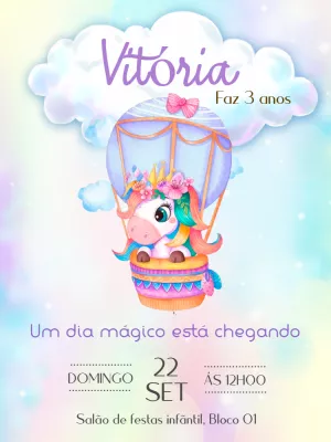 Convite Aniversário Unicórnio no Balão para Editar Online