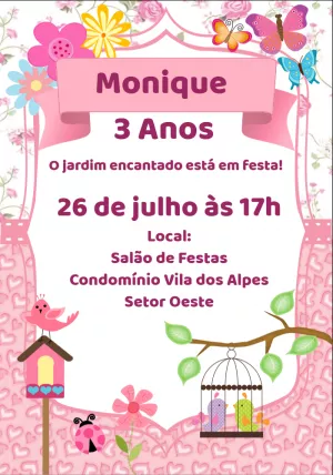 Convite Aniversário Jardim Encantado com Passarinhos para Editar