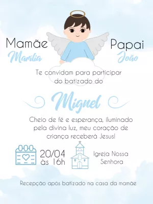 Convite de Batizado Menino Anjinho para Editar Online
