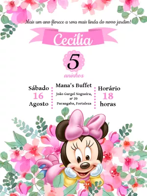 Convite Aniversário Minnie Baby Floral para Editar Online