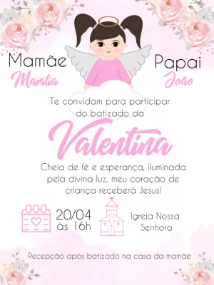 Convite Batizado Menina Anjinha Rosa para Editar Online