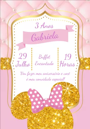 Convite Aniversário Minnie Rosa e Dourado para Editar Online