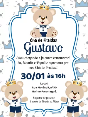 Convite Chá de Bebê Ursinho Príncipe para Editar Online