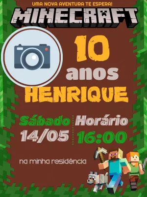Convite Aniversário Minecraft com Foto para Editar Online