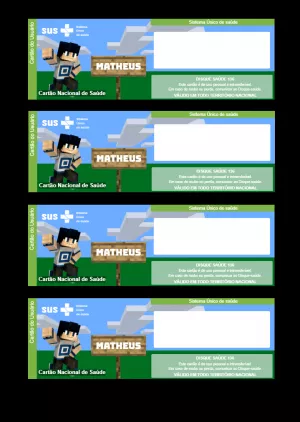 Cartão do SUS Minecraft Personalizado para Editar e Imprimir
