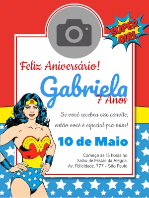 Convite de Aniversário Mulher Maravilha Estilo Quadrinhos para Editar