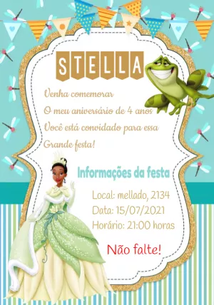 Convite Aniversário A Princesa e o Sapo para Editar Online