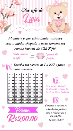 Convite Chá Rifa Ursinha Princesa Editável Online