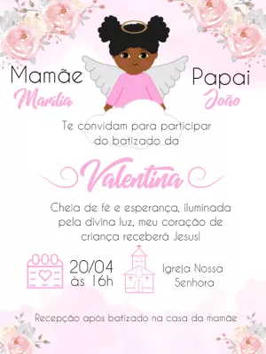 Convite de Batizado Anjinha Negra com Flores para Editar