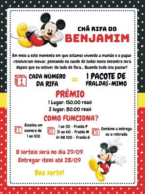 Convite Chá Rifa Mickey para Editar Online e Imprimir
