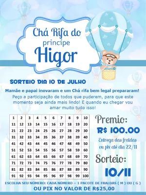 Convite Chá Rifa Ursinho Baloeiro Príncipe para Editar Online