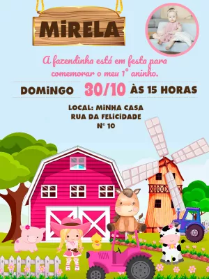 Convite Aniversário Fazendinha Rosa com Foto para Editar