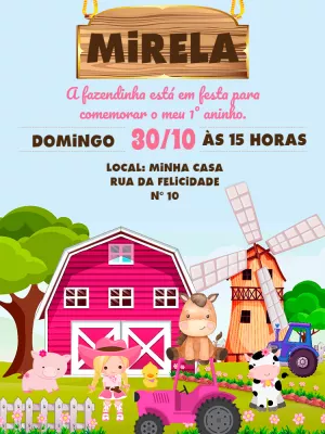Convite Aniversário Fazendinha Rosa para Menina para Editar