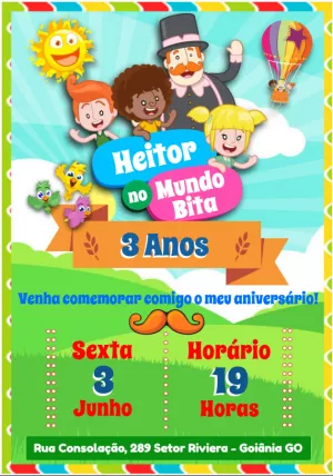 Convite Aniversário Mundo Bita com Personagens para Editar Online