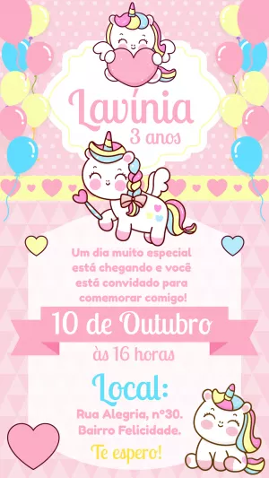 Convite de Aniversário Unicórnio Fofo para Editar Online