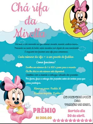 Convite Chá Rifa Minnie Baby Rosa para Editar Online