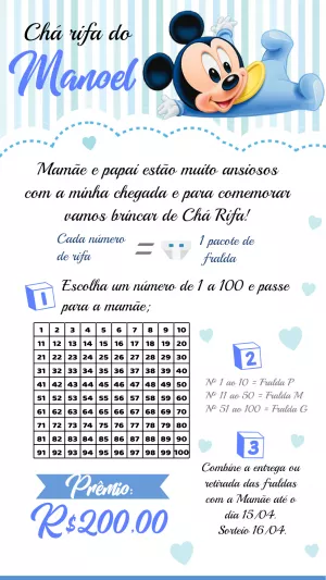 Convite Chá Rifa Mickey Baby Editável para Imprimir