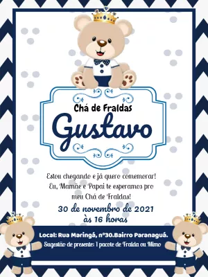 Convite Chá de Fraldas Ursinho Príncipe para Editar Online