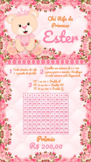 Convite Chá Rifa Ursinha Princesa Editável Online