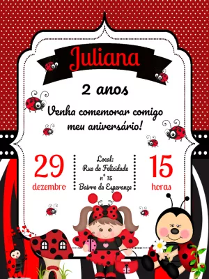 Convite Aniversário Joaninha Vermelha para Editar Online