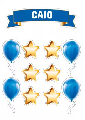 Topo de Bolo Aniversário Balões e Estrelas para Editar Online