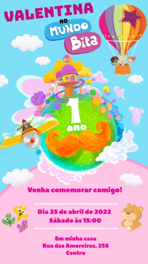 Convite Aniversário Mundo Bita com Personagens para Editar Online
