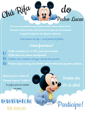 Convite Chá Rifa Mickey Baby para Editar Online