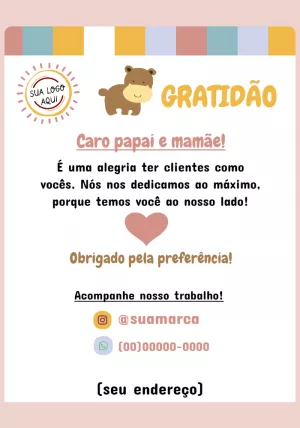 Cartão de Agradecimento Infantil com Animal Fofo para Editar