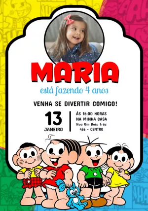 Convite de Aniversário Turma da Mônica com Foto Editável Online