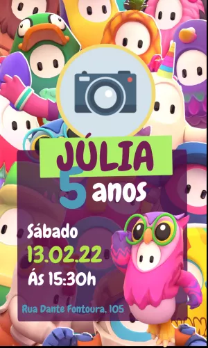 Convite de Aniversário Fall Guys com Foto para Editar Online