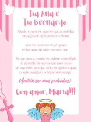 Convite Padrinhos de Batismo Rosa com Anjinha para Editar
