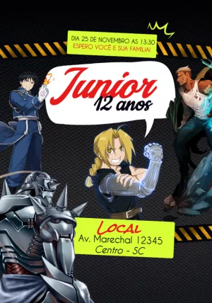 Convite Aniversário Fullmetal Alchemist para Editar Online