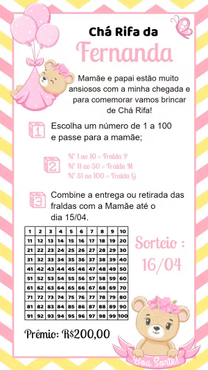Convite Chá Rifa Ursinha Rosa para Editar e Imprimir