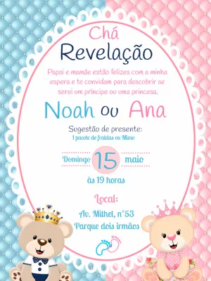 Convite Chá Revelação Ursinhos Realeza para Editar Online