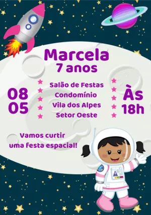 Convite Aniversário Astronauta Menina para Editar Online