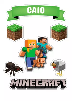 Topo de Bolo Minecraft Aniversário com Personagens para Editar