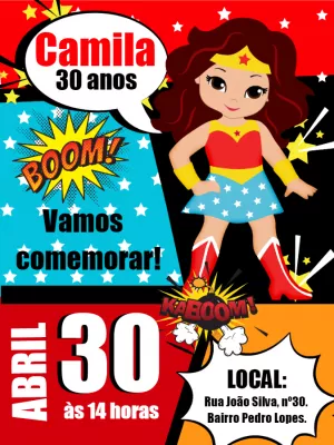 Convite Aniversário Mulher Maravilha para Editar Online