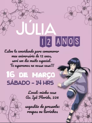 Convite de Aniversário Hinata do Naruto para Editar Online