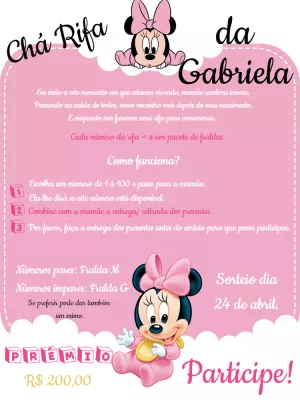 Convite Chá Rifa Minnie Baby Rosa para Editar Online