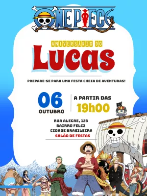 Convite Aniversário One Piece Editável Online com Personagens