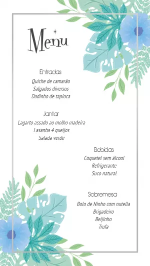 Menu de Casamento Floral Azul com Folhas para Editar Online