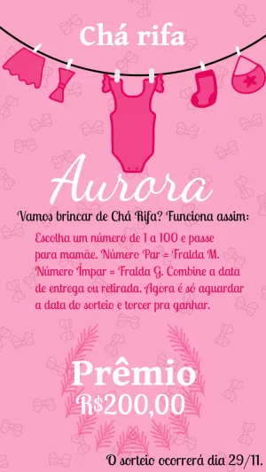 Convite Chá Rifa Varal de Roupas Rosa para Editar Online