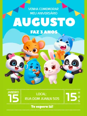 Convite de Aniversário Baby Bus com Animais para Editar Online