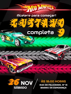 Convite de Aniversário Hot Wheels com Carros para Editar Online
