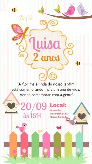Convite Aniversário Jardim Encantado com Pássaros para Editar
