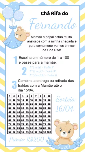 Convite Chá Rifa Ursinho Azul para Editar e Imprimir