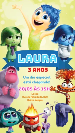 Convite de Aniversário Divertida Mente 2 com Personagens para Editar
