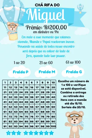 Chá Rifa Ursinho Baloeiro Editável Online para Menino